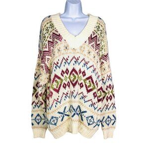 Vintage 90s Womens L Sweater Ivory Multi Colored V Neck Fair Isle